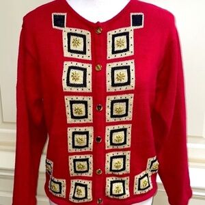 Vintage Red Knit Cardigan Geometric Squares Gold Button Front Retro Sweater M